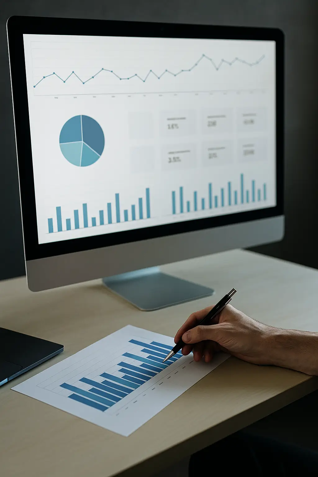 data-science-058 A marketing advisor reviewing analytics in a modern office with charts and data visuals on a screen, featuring moody lighting and a professional atmosphere.