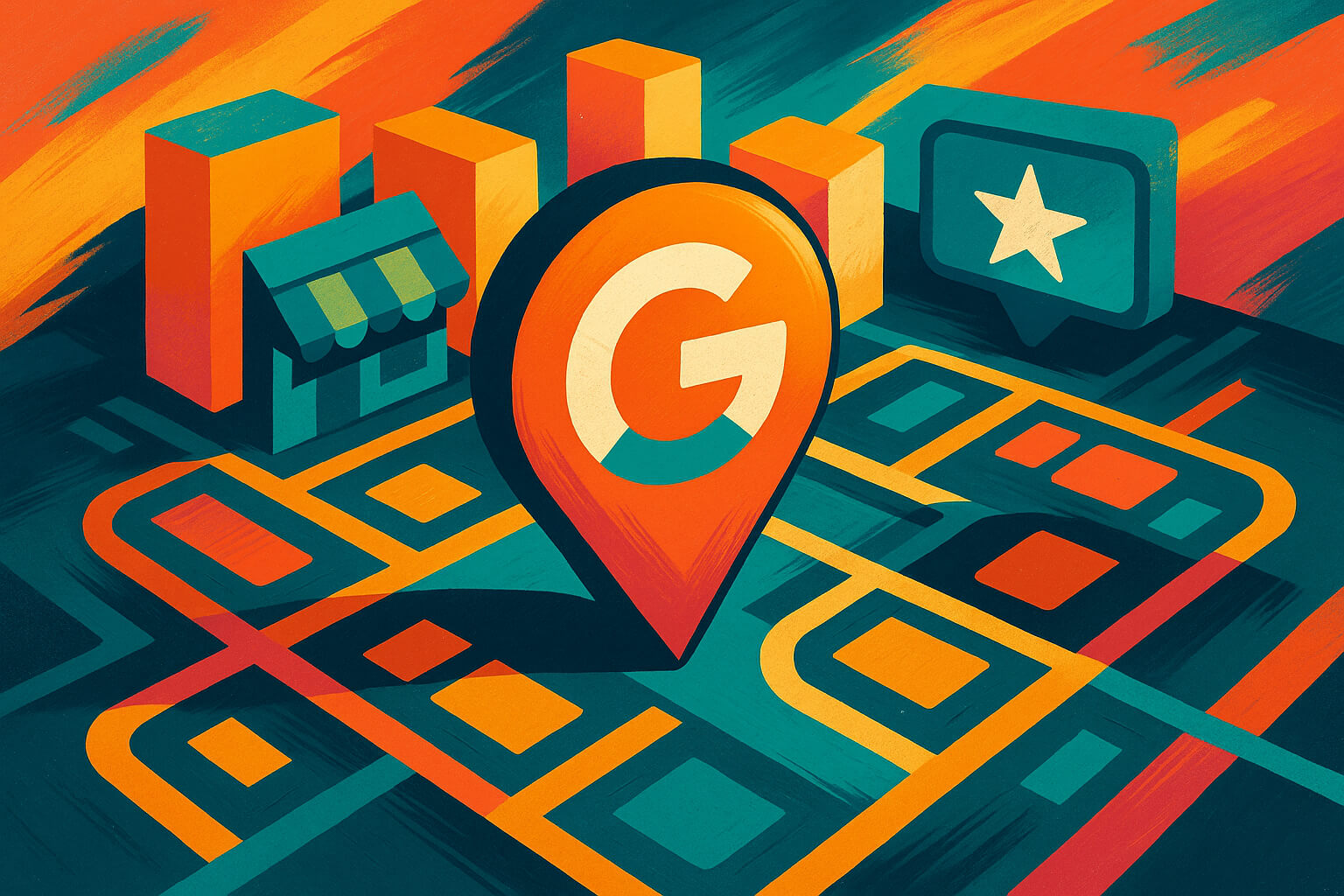 Abstract vibrant illustration representing a Google Business Profile strategy 2026 with a futuristic map marker and city elements.