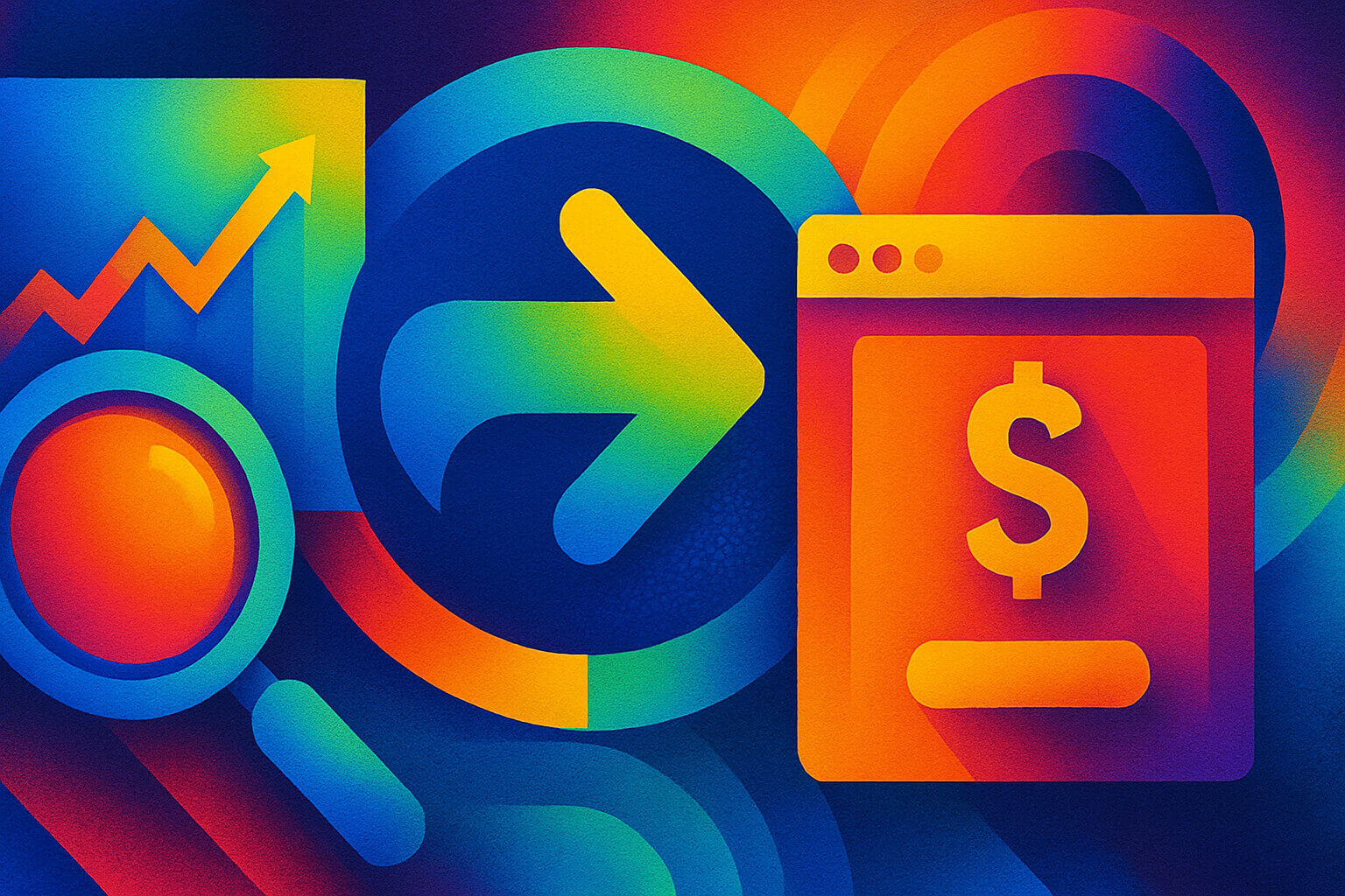Vibrant abstract digital artwork representing Google Ads for service businesses, featuring dynamic blue and orange shapes symbolizing clarity, connection, and growth.