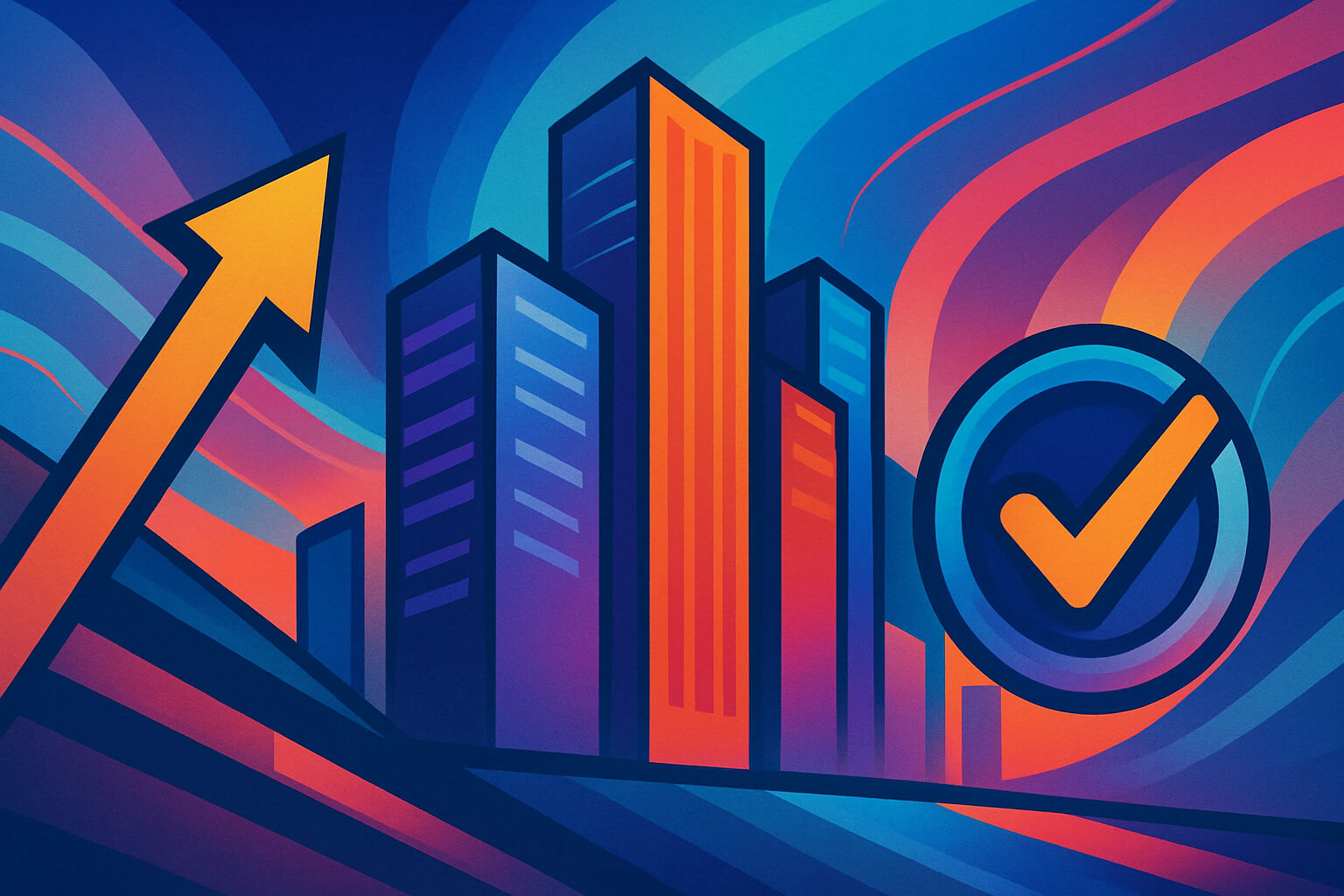 Abstract futuristic digital illustration with vibrant geometric structures and flowing shapes, symbolizing growth and visibility through Google Local Services Ads for service businesses.
