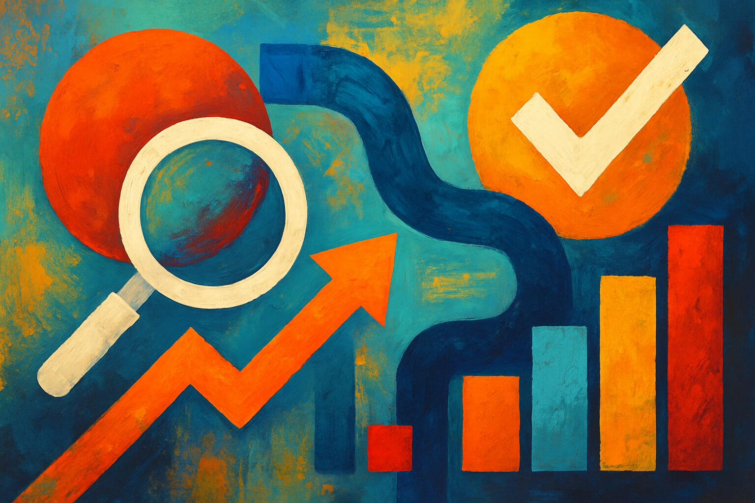Abstract vibrant illustration representing why your local SEO isn’t working, showing magnifying glass, growth arrows, and visibility symbols.