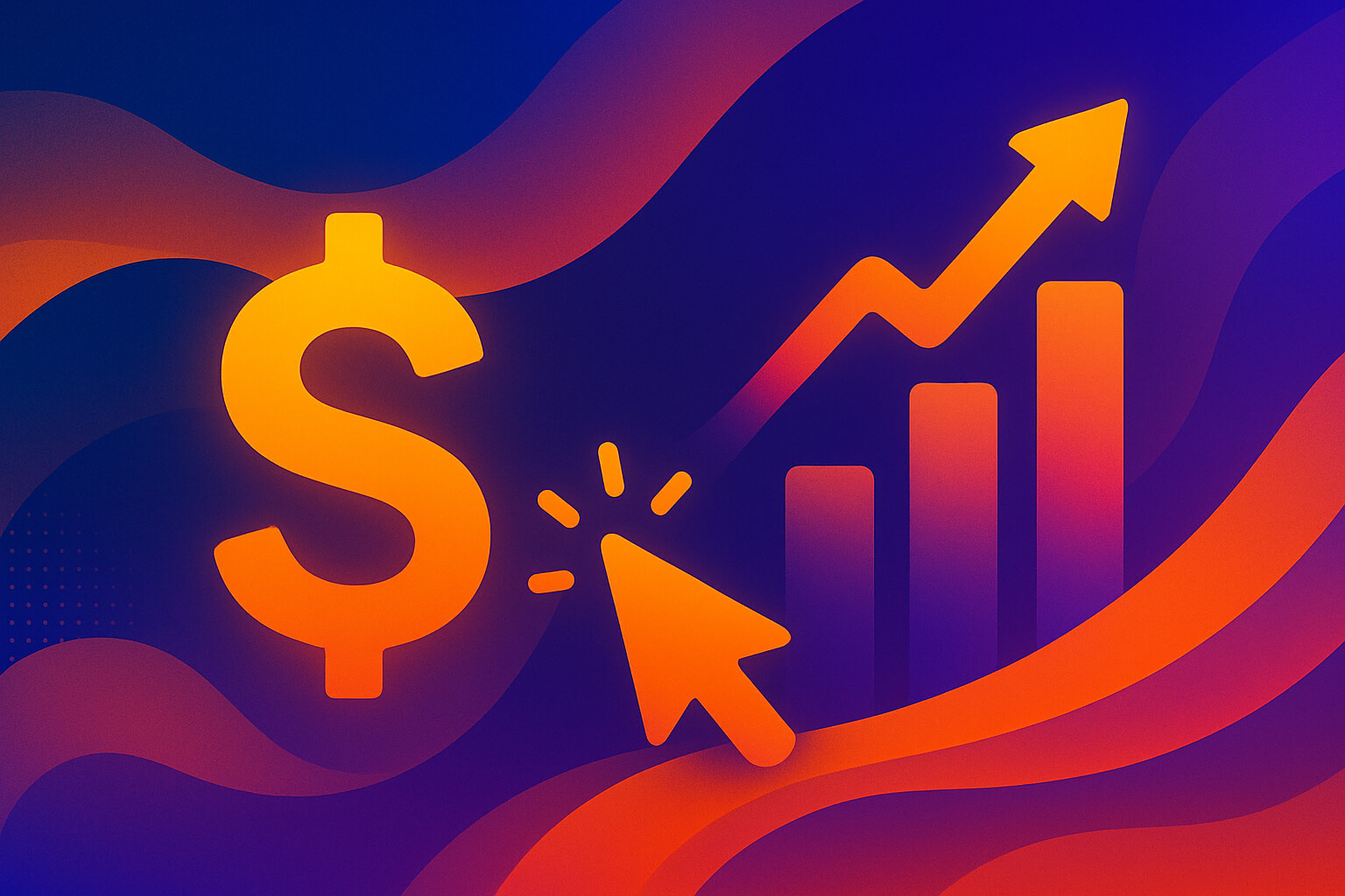 Abstract digital illustration representing a Google Ads budget for service businesses, featuring a glowing dollar sign, cursor click icon, and rising bar chart in orange and purple gradients.