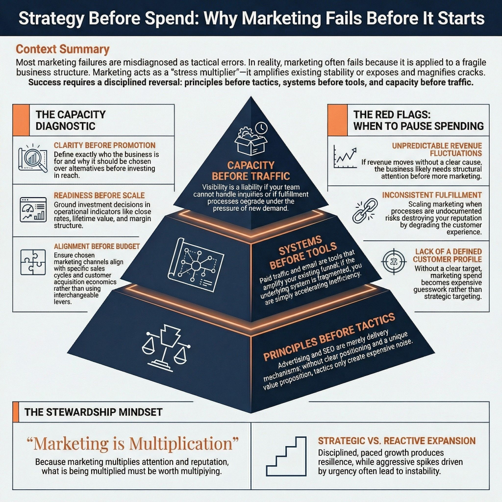 Why marketing fails before ad spend due to weak systems, unclear positioning, and lack of operational capacity