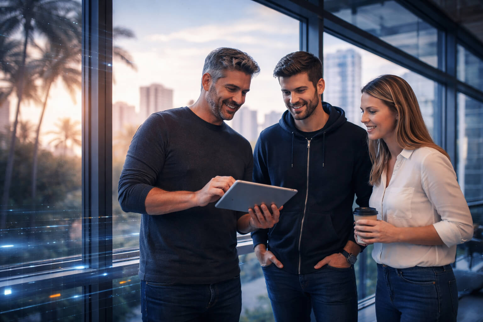 1920x1080 Casual marketing team collaborating in a modern office in Fruitland Park Florida with subtle digital interface overlays