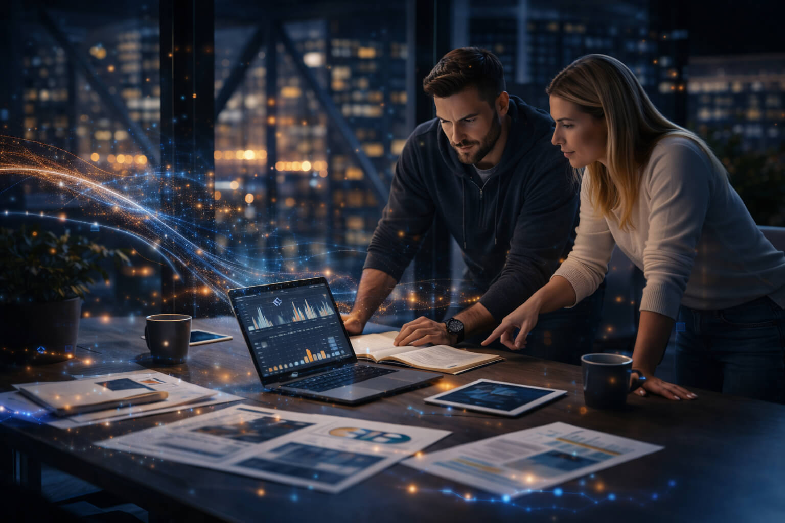 Two casually dressed marketing professionals reviewing strategy on a laptop in a modern glass office with layered digital light effects and glowing data overlays.