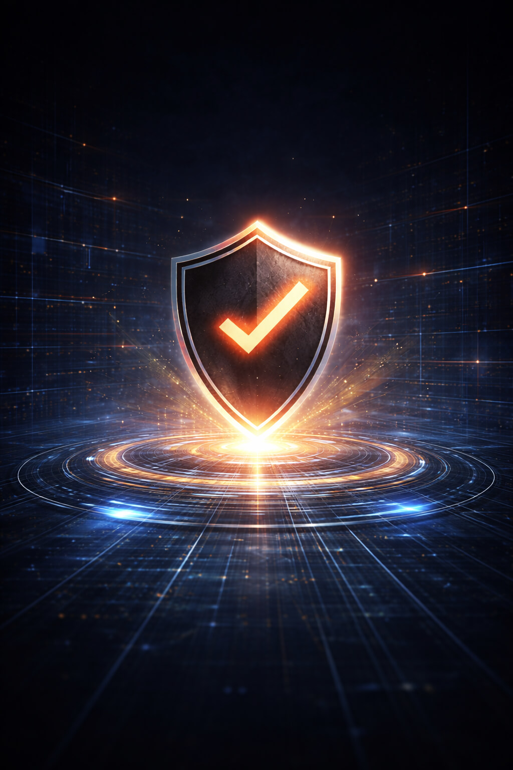 Futuristic shield and trust badge glowing within a dark navy digital network grid symbolizing ethical local SEO and long-term authority