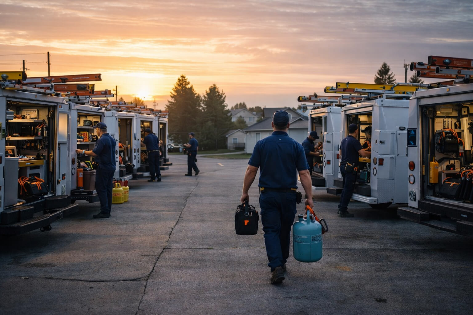 HVAC install crew preparing service trucks at sunrise before starting residential installation jobs