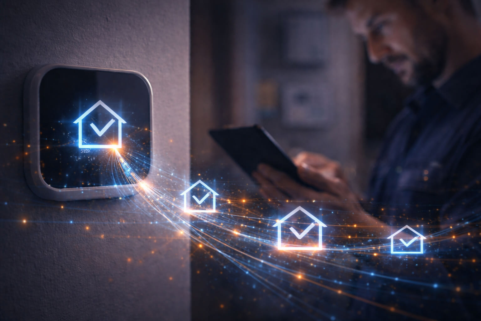 Smart thermostat connected to verified homes through a digital network, representing HVAC lead quality and high-intent demand generation