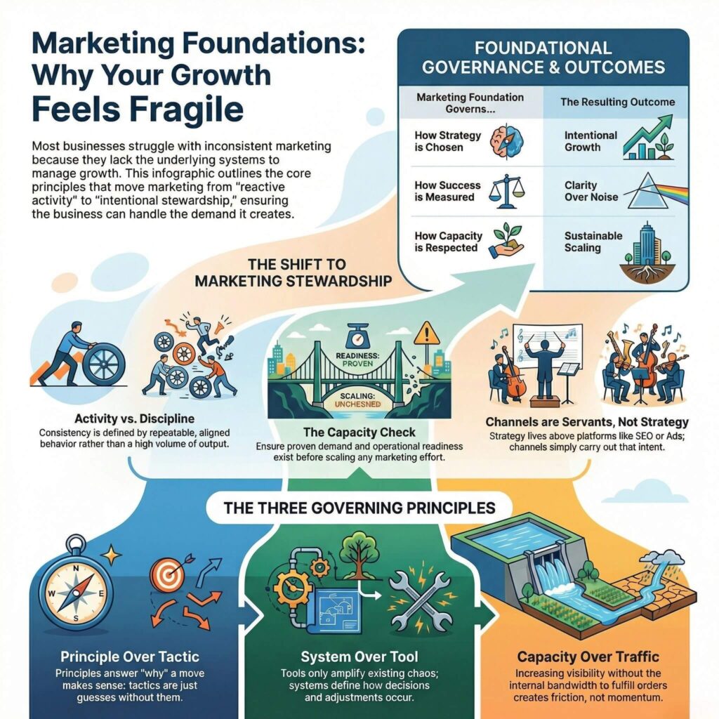 Infographic explaining marketing foundations for growth-ready businesses, including principles over tactics, systems over tools, and capacity over traffic.