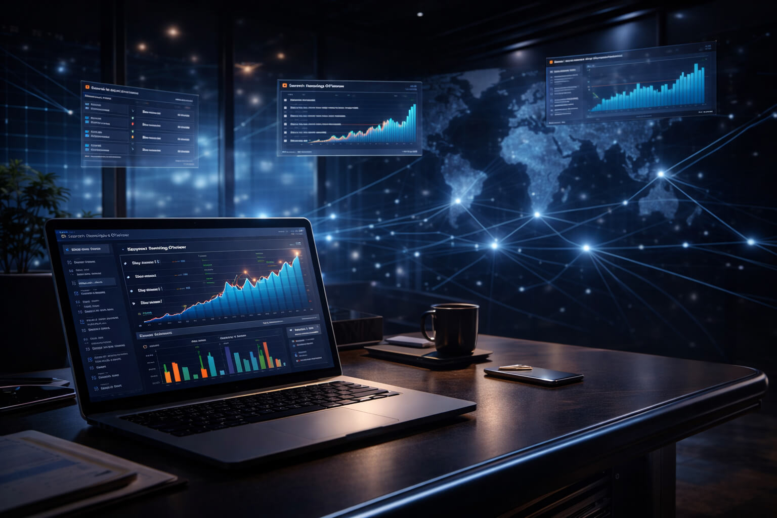 Modern dark workspace with laptop and abstract network light trails, representing structured national SEO growth.