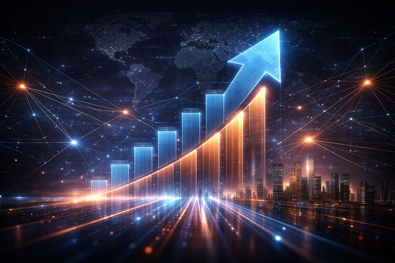 Abstract digital network visualization representing paid advertising campaigns generating leads across targeted markets