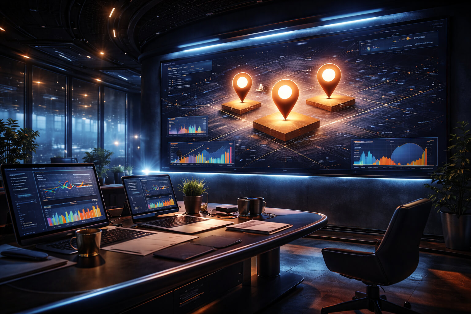 Futuristic control room with glowing map markers and data screens representing Google Maps visibility and local SEO strategy