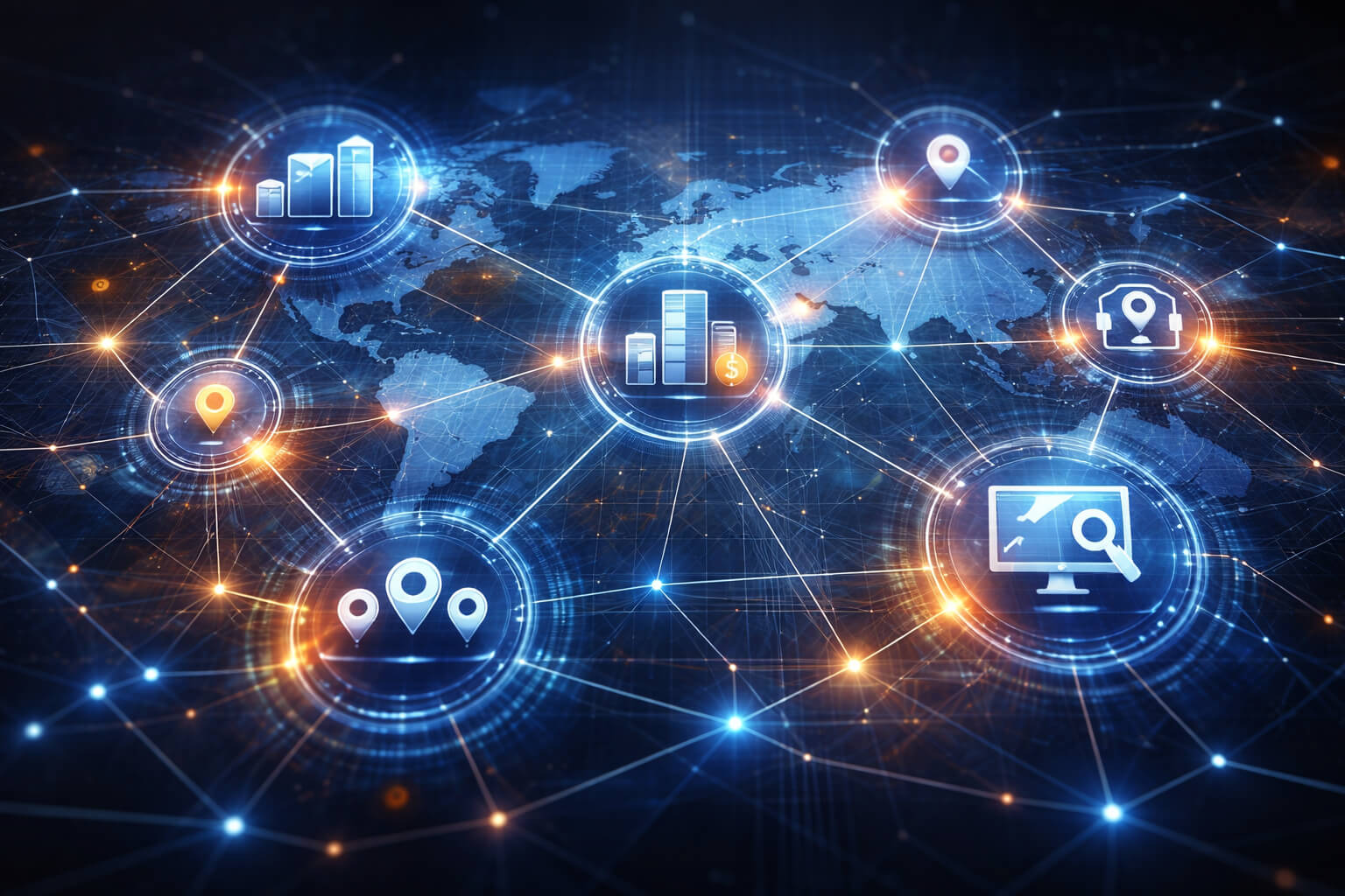 Digital network visualization showing connected markets, search visibility, advertising activity, and competitive marketing intelligence.