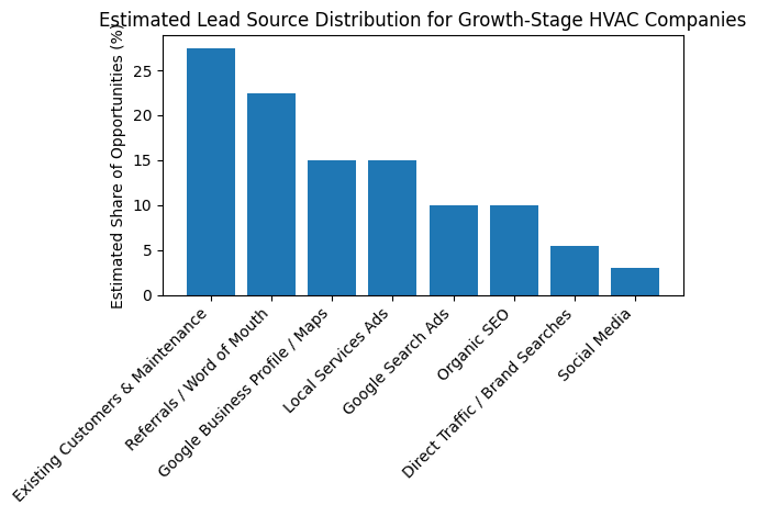 Bar chart showing the estimated distribution of HVAC lead sources for growth-stage contractors, including existing customers, referrals, Google Business Profile, Local Services Ads, Google Ads, SEO, direct traffic, and social media.