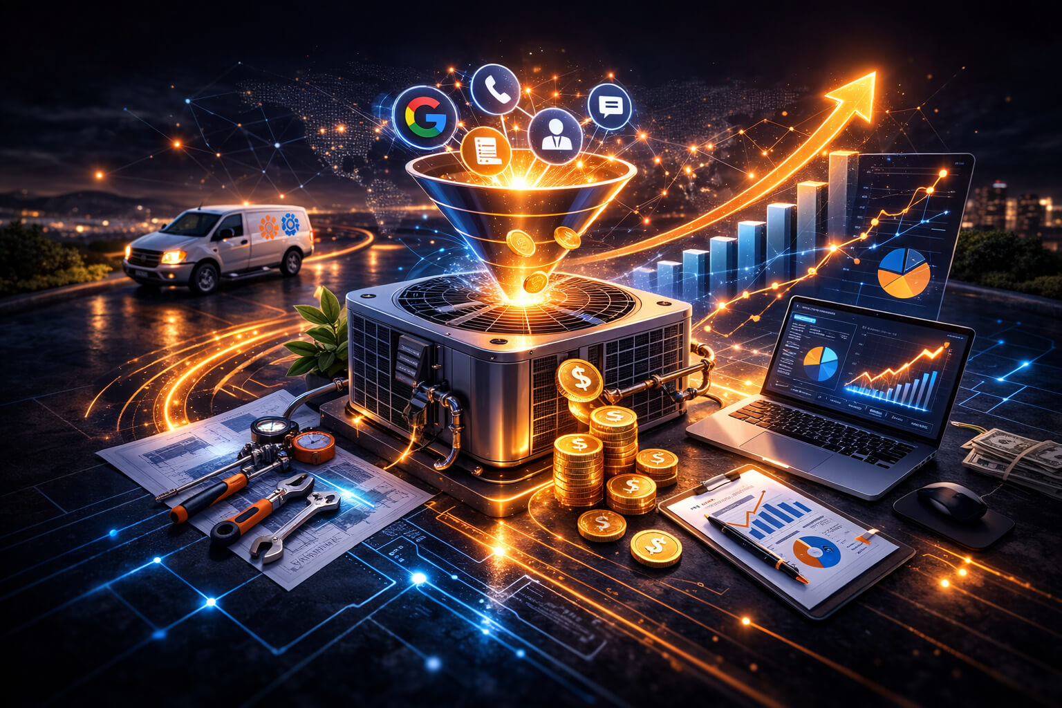 HVAC cost per lead visualization showing marketing funnel, customer acquisition analytics, and revenue growth for HVAC contractors.
