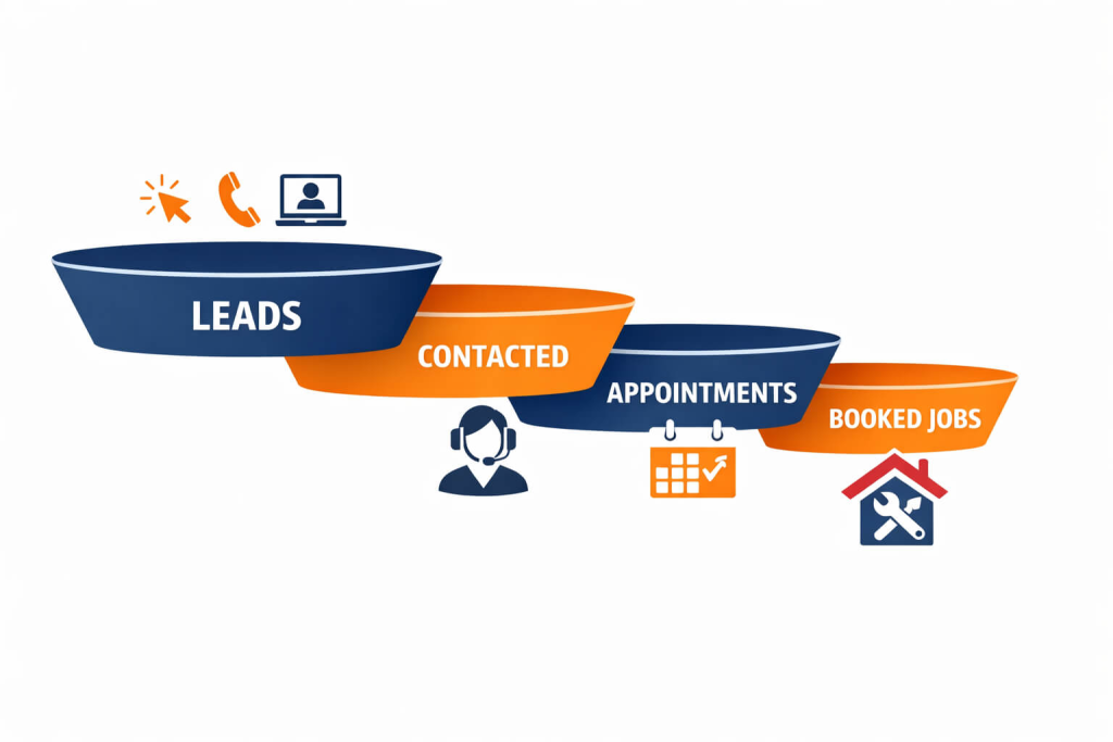 HVAC marketing lead funnel showing stages from leads to contacted prospects, booked appointments, and completed HVAC jobs.