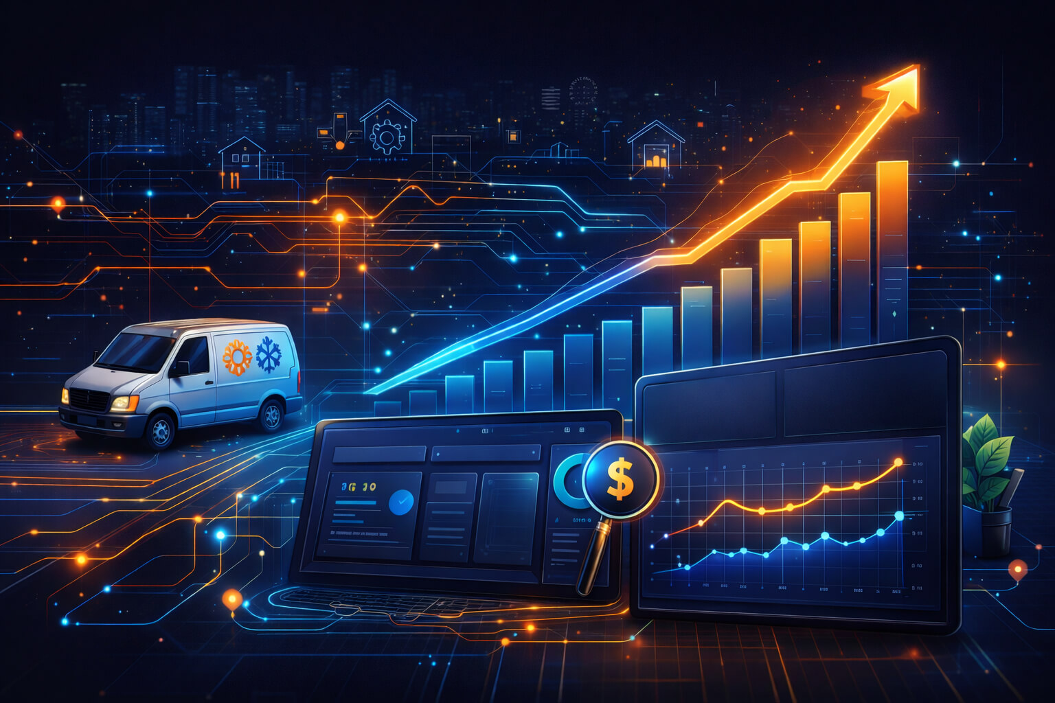 HVAC marketing budget growth analytics showing digital dashboards, revenue charts, and data-driven demand generation systems for HVAC companies.