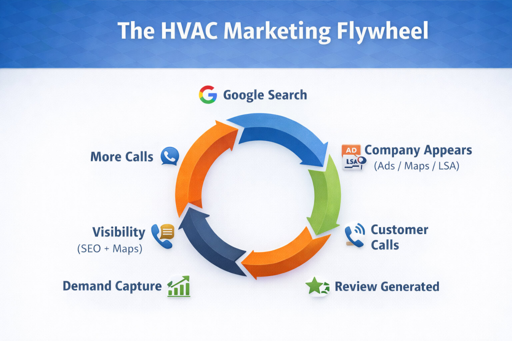 Diagram showing the HVAC marketing flywheel where Google search leads to company visibility in ads and maps, customer calls, service experience, reviews, higher rankings, and more calls.