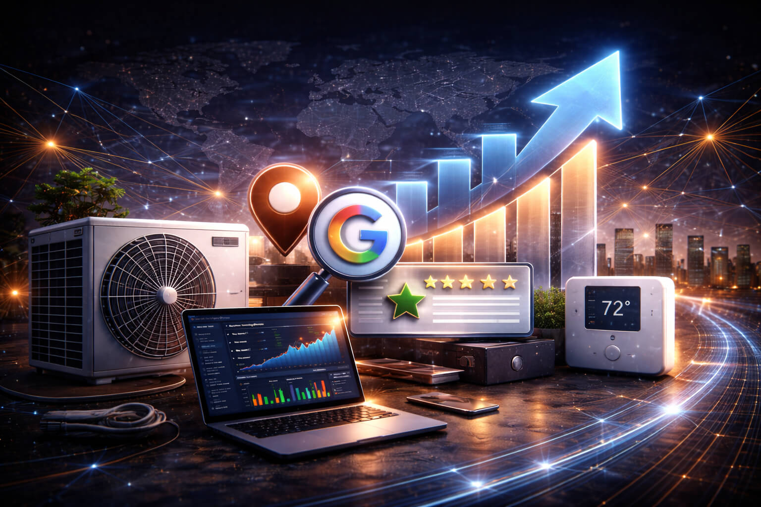 Illustration showing HVAC marketing growth driven by Google search, local visibility, reviews, and data analytics.