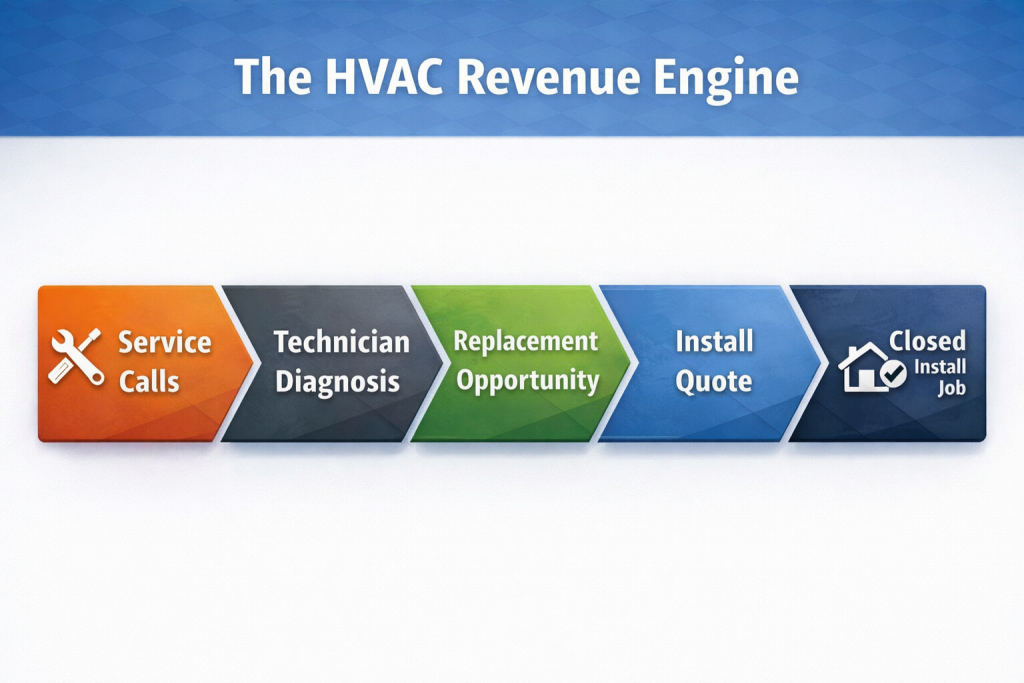 Diagram showing the HVAC revenue engine where service calls lead to technician diagnosis, replacement opportunities, install quotes, and closed installation jobs.