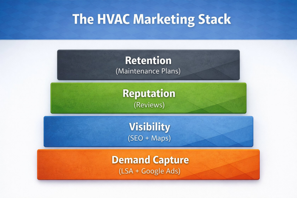Horizontal diagram showing the HVAC marketing stack including demand capture, visibility, reputation, and retention layers.