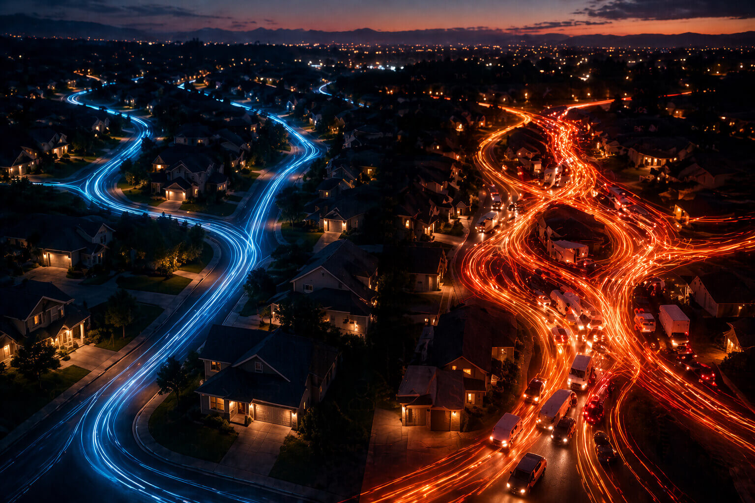 HVAC dispatch capacity illustrated through balanced and overloaded service demand across a residential neighborhood