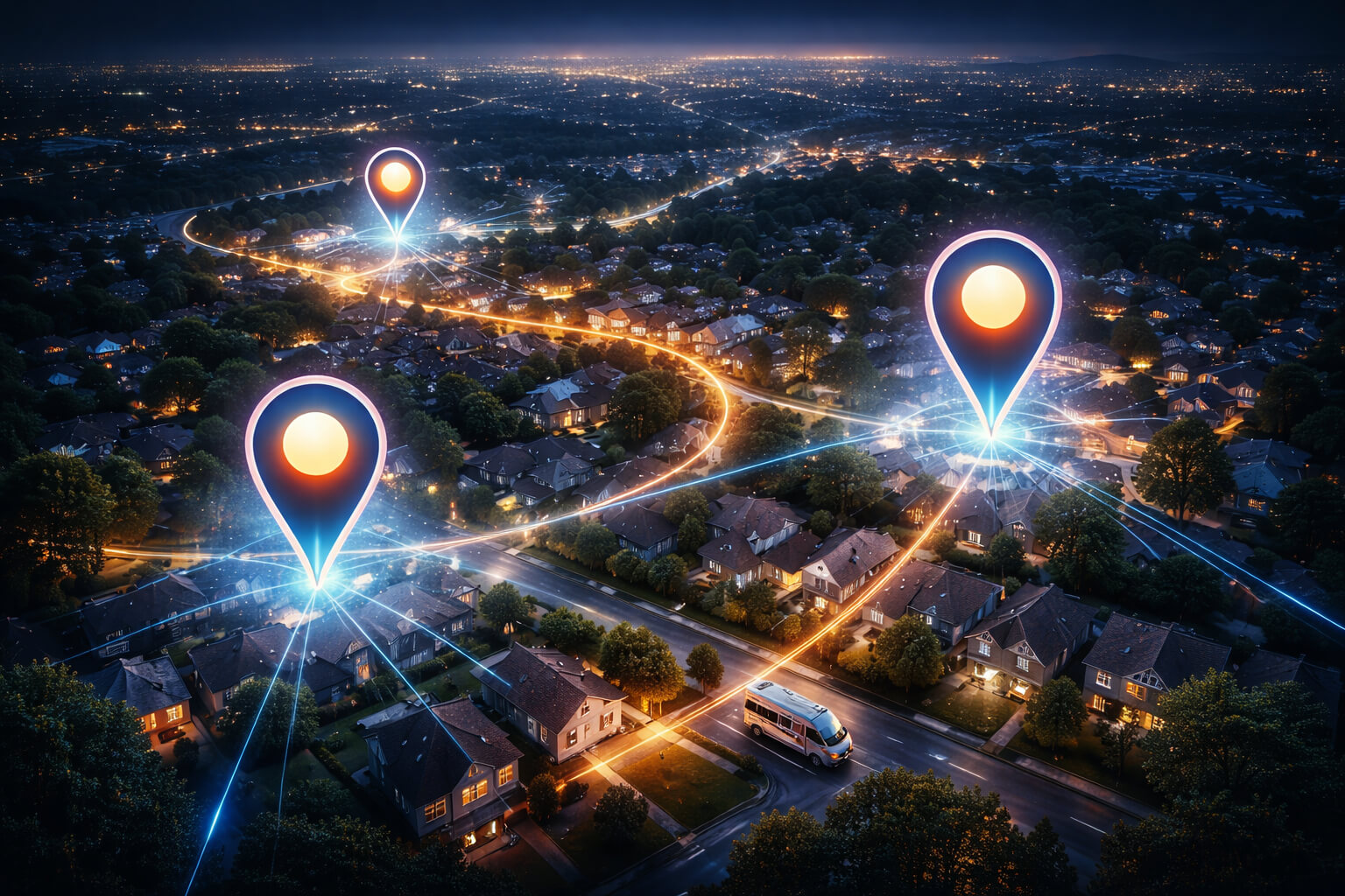 HVAC Map Pack optimization illustrated through a residential neighborhood with highlighted local service visibility and demand signals