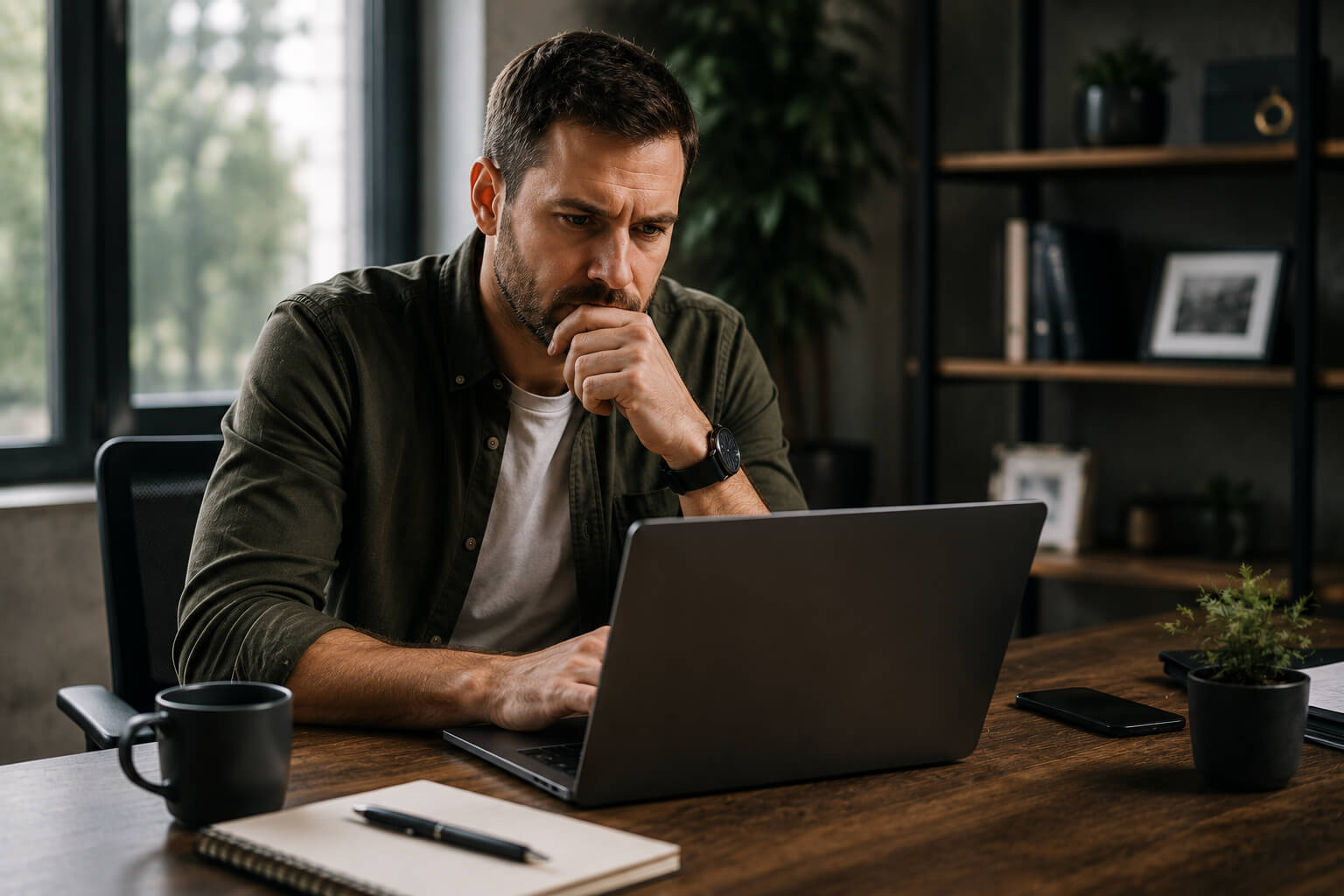 Business owner evaluating SEO company value while reviewing website marketing performance on a laptop