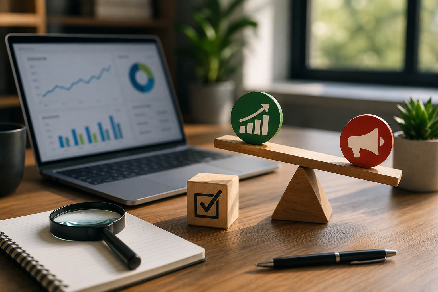 How to know if your marketing is working shown through a business workspace with analytics, performance tracking, and marketing evaluation tools