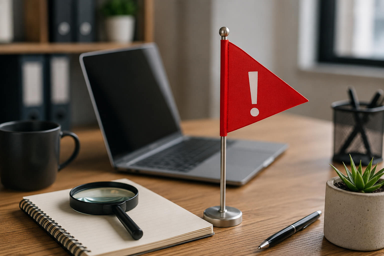 Red flags when hiring a marketing company shown through a professional office workspace with a red warning flag and business evaluation setting
