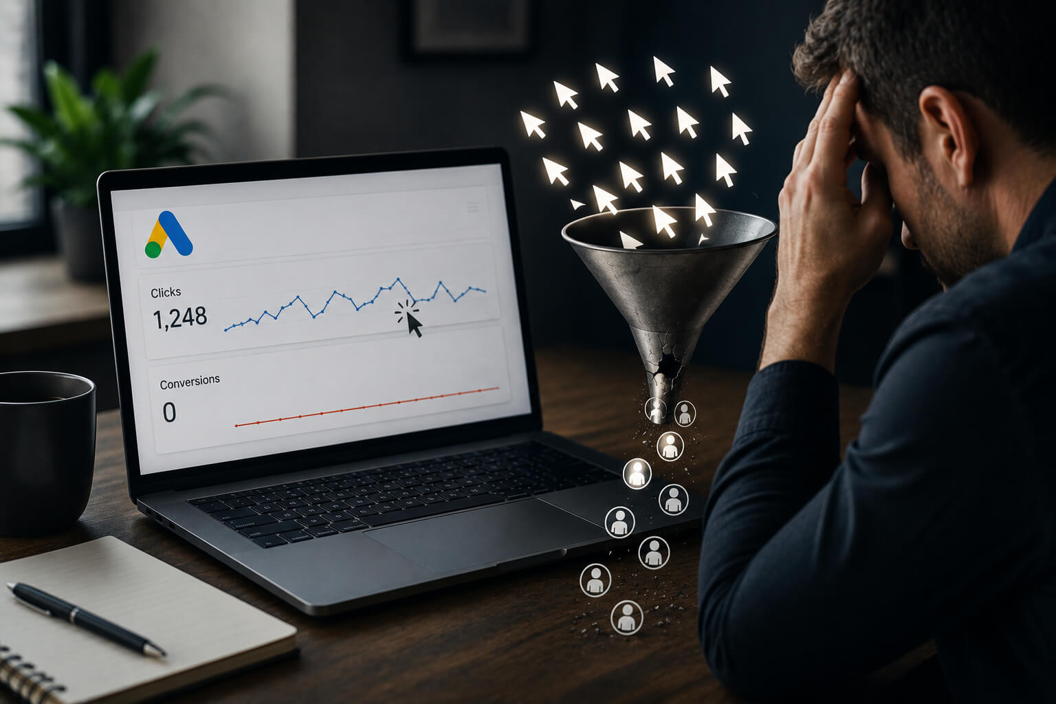 Business owner frustrated by Google Ads clicks but no leads while reviewing campaign performance and conversion issues