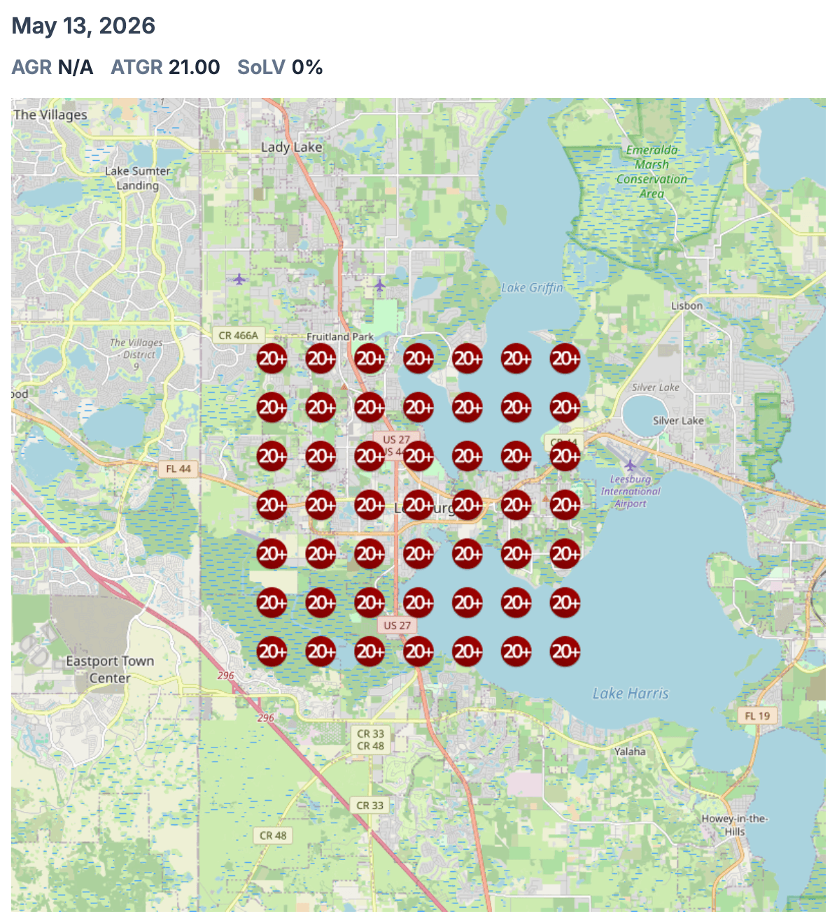 GeoGrid map showing low Google Maps visibility for attorney bankruptcy chapter 7 before optimization