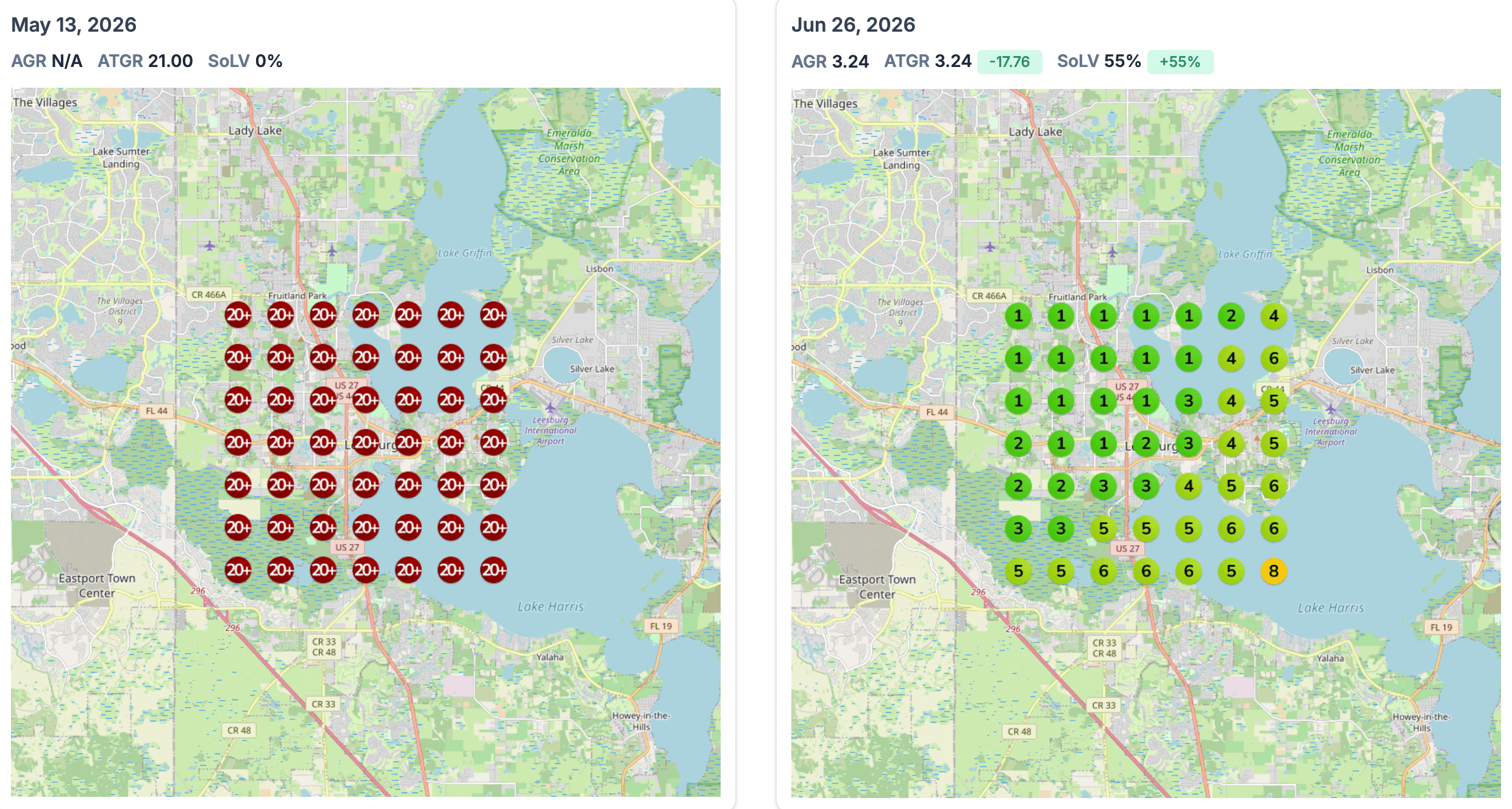 Side-by-side GeoGrid comparison showing improved Google Maps rankings for attorney bankruptcy chapter 7 after six weeks