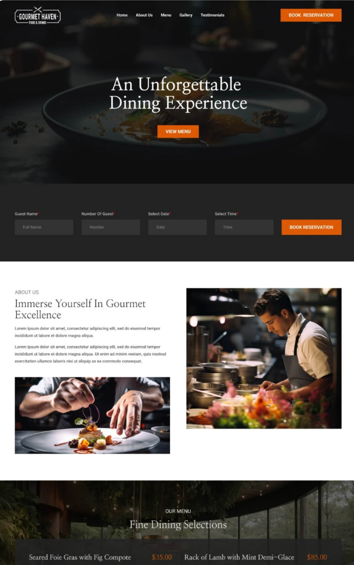 Website design foundation for a gourmet restaurant