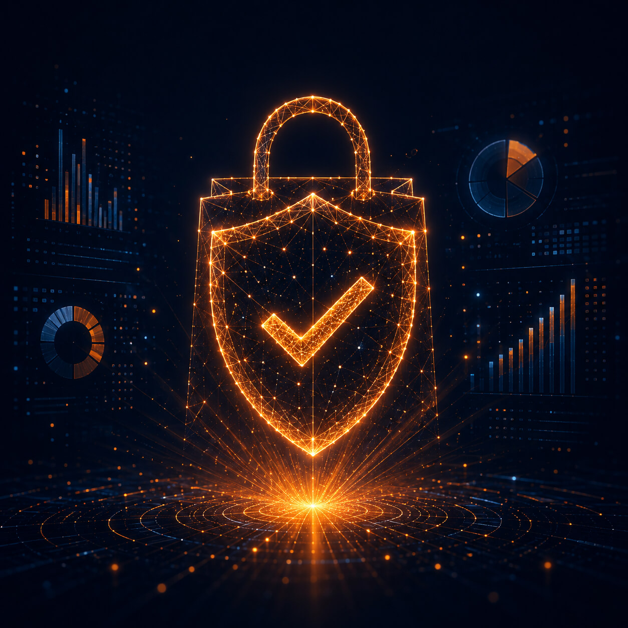 Abstract digital illustration of a glowing shield and checkmark shaped like a shopping bag, representing accountability and trust in e-commerce advertising management