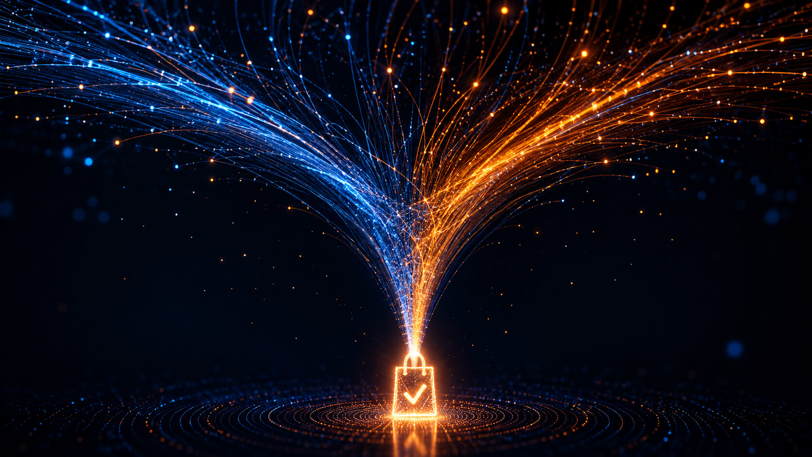 Abstract digital visualization of converging light trails forming a funnel, representing structured e-commerce advertising turning traffic into revenue