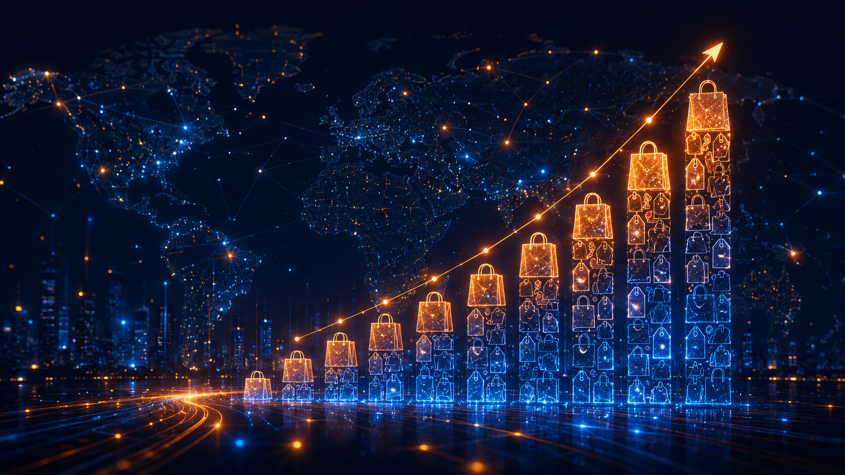 Abstract digital visualization of an ascending growth chart made of shopping and pricing icons, representing e-commerce advertising reach across global markets