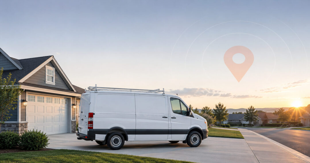 Plumbing service van in a driveway with a location ping overlay, representing this Google Business Profile optimization case study on local search visibility