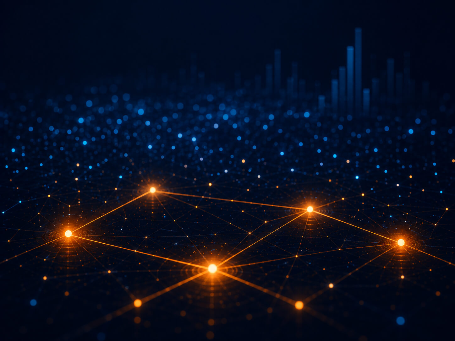 1080x600 Abstract digital visualization of scattered light points resolving into fewer, connected points, representing trust over vanity metrics in organic social media