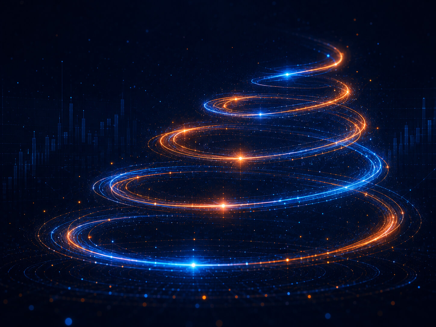 800x800 Abstract digital visualization of a gradually expanding spiral of light, representing organic social media trust building over time