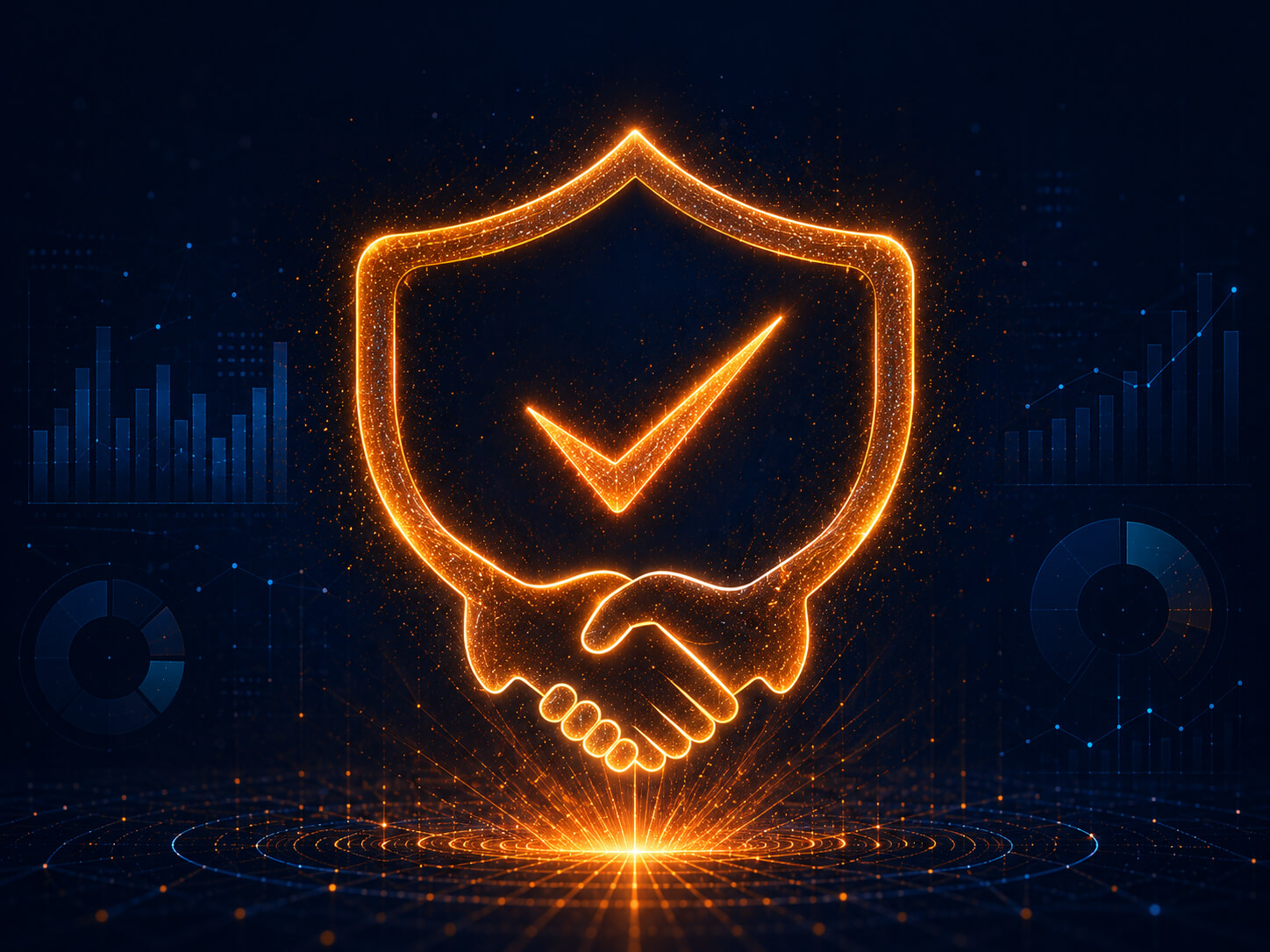 800x600 Abstract digital illustration of a glowing shield and checkmark formed from connected speech bubbles, representing accountability and trust in organic social media management