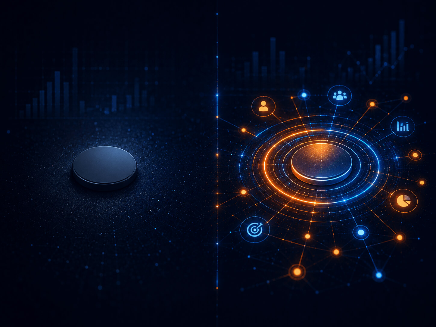 Abstract digital visualization contrasting a single flat boosted post with a structured, tracked targeting system, representing the difference between boosting a post and real paid social strategy