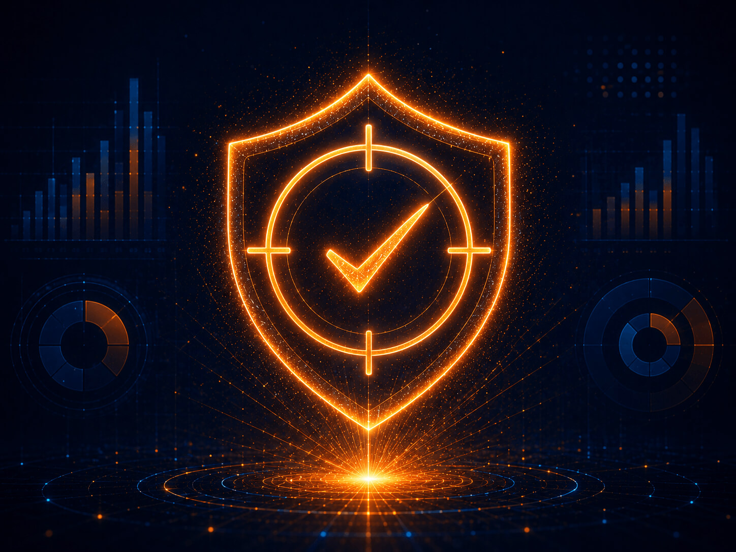 Abstract digital illustration of a glowing shield and checkmark formed from a targeting crosshair, representing accountability and precision in paid social advertising
