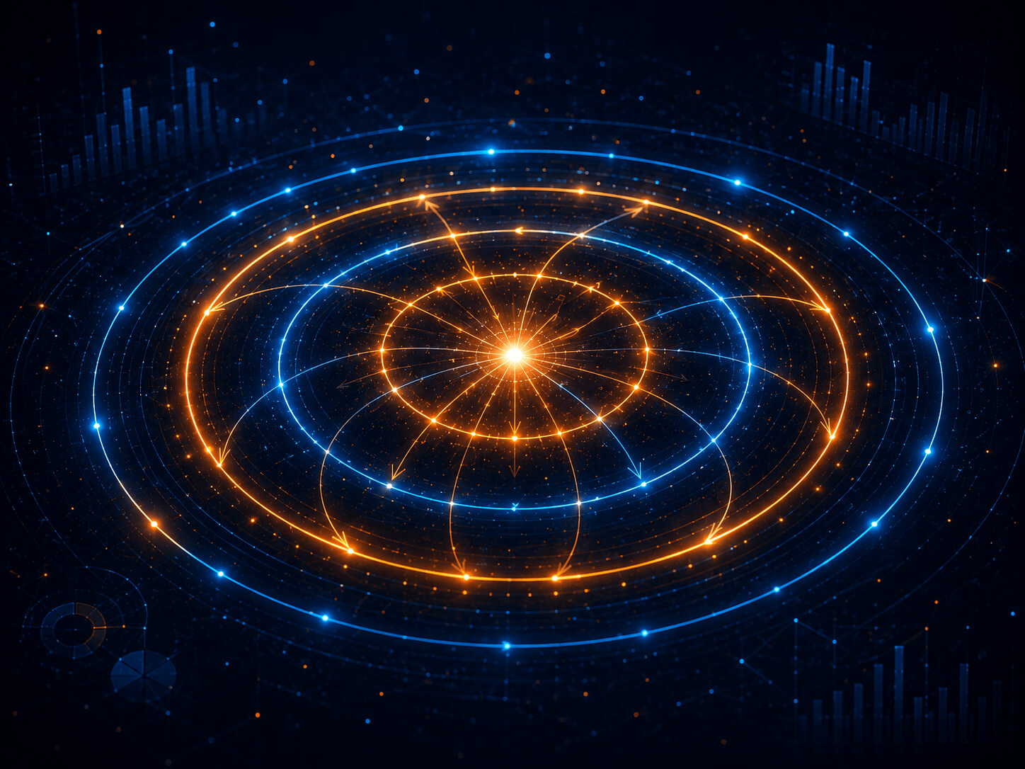 Abstract digital visualization of concentric targeting rings and a remarketing loop, representing a structured paid social advertising system built on audience precision