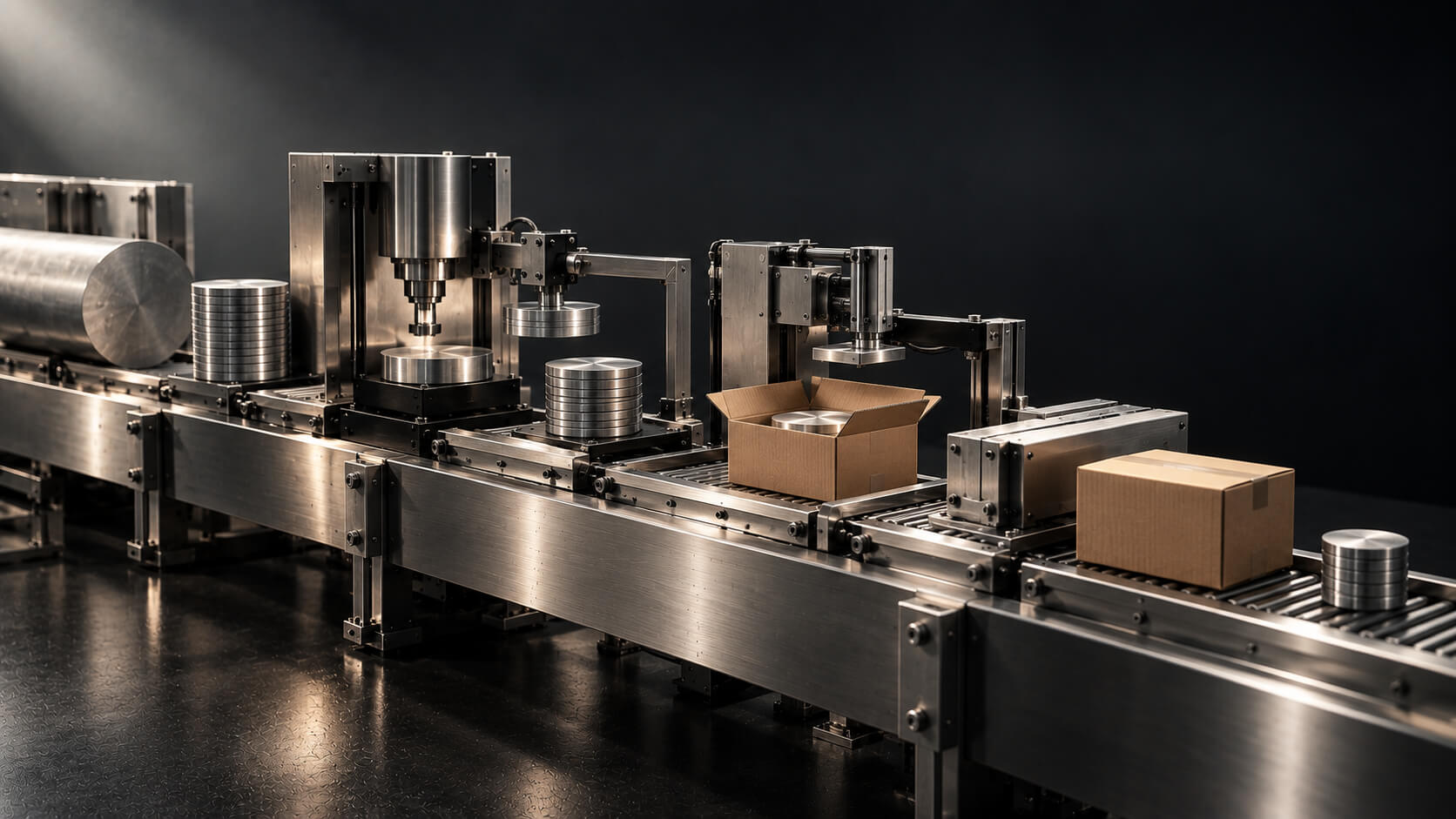 Precision product passing machining, packing and fulfillment stations that each remove part of a stack of metal tokens — break-even CAC for manufacturers