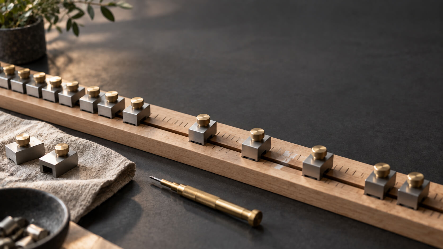 E-commerce ad account management concept: a row of steel and wood adjustment pieces on a graphite workbench, a few shifted to new positions and several set aside on linen beside a brass tool