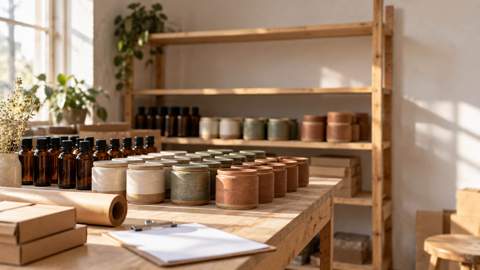 E-commerce marketing budget concept: batches of handmade products on a workshop bench below a partly empty shelf, showing how production capacity limits marketing spend