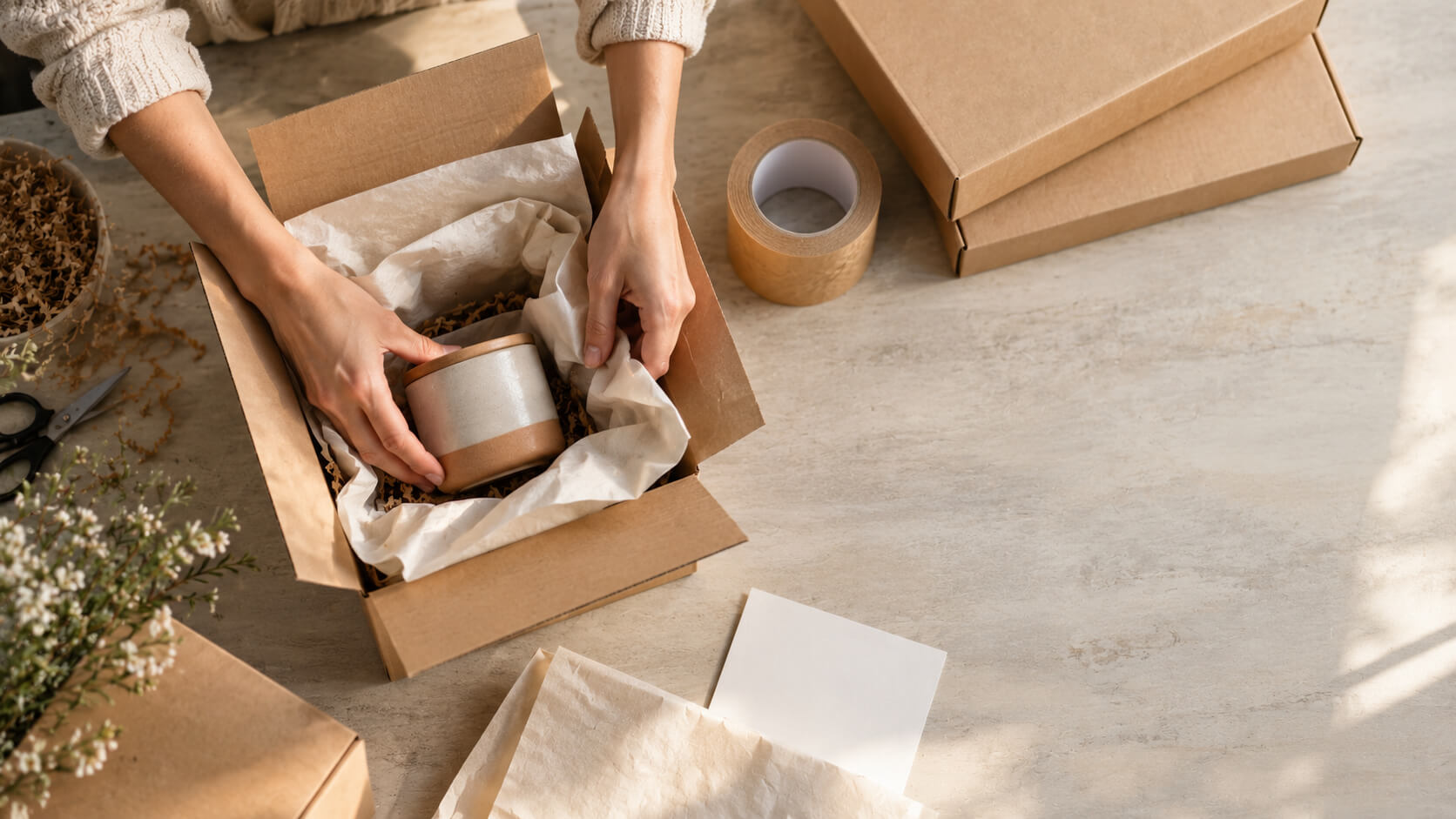 E-commerce marketing guide: hands packing a handmade product into a kraft shipping box on a small business packing table