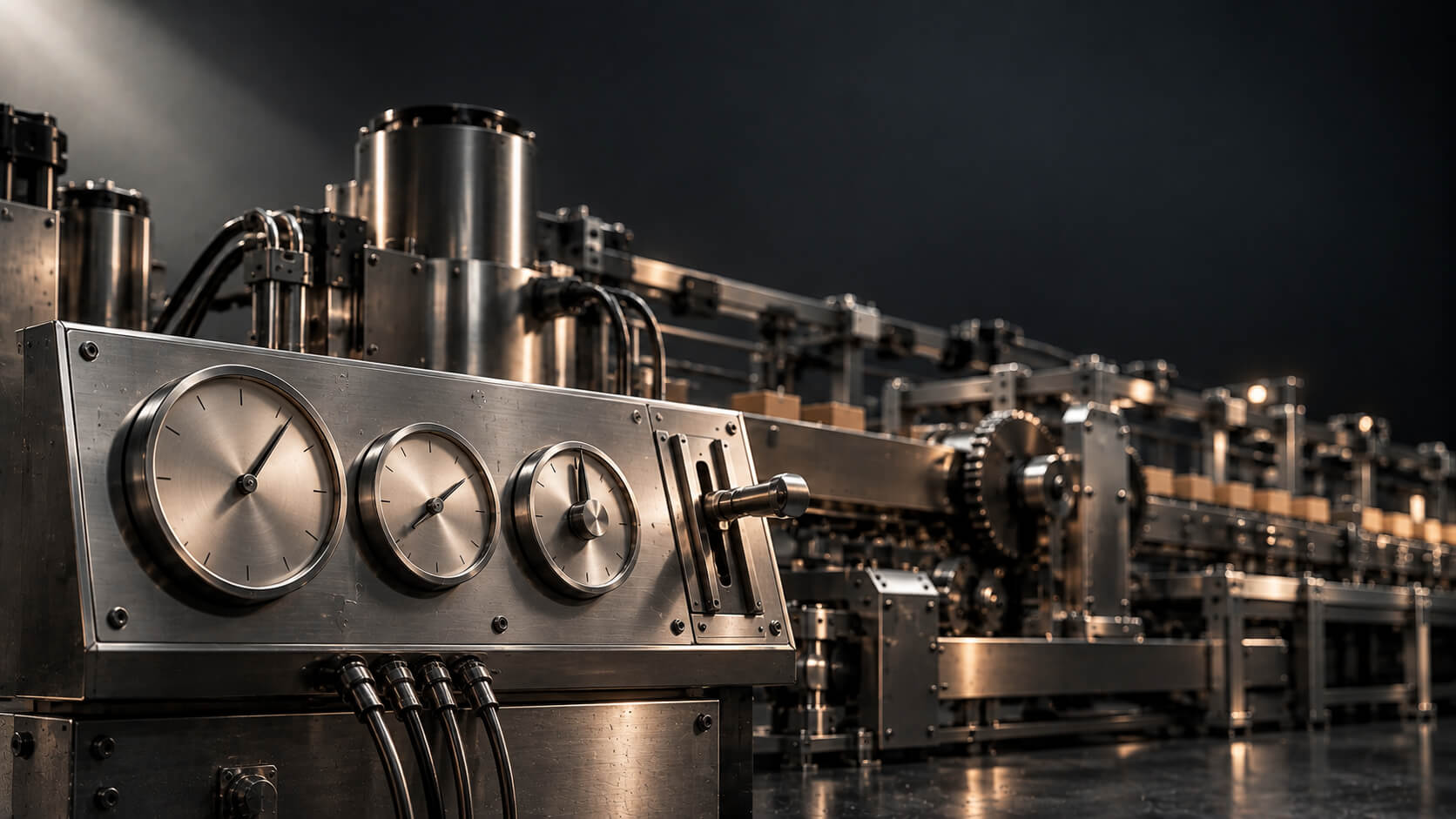 A small control station with a few essential instruments connected to a large machine running behind it — ecommerce marketing metrics for founders