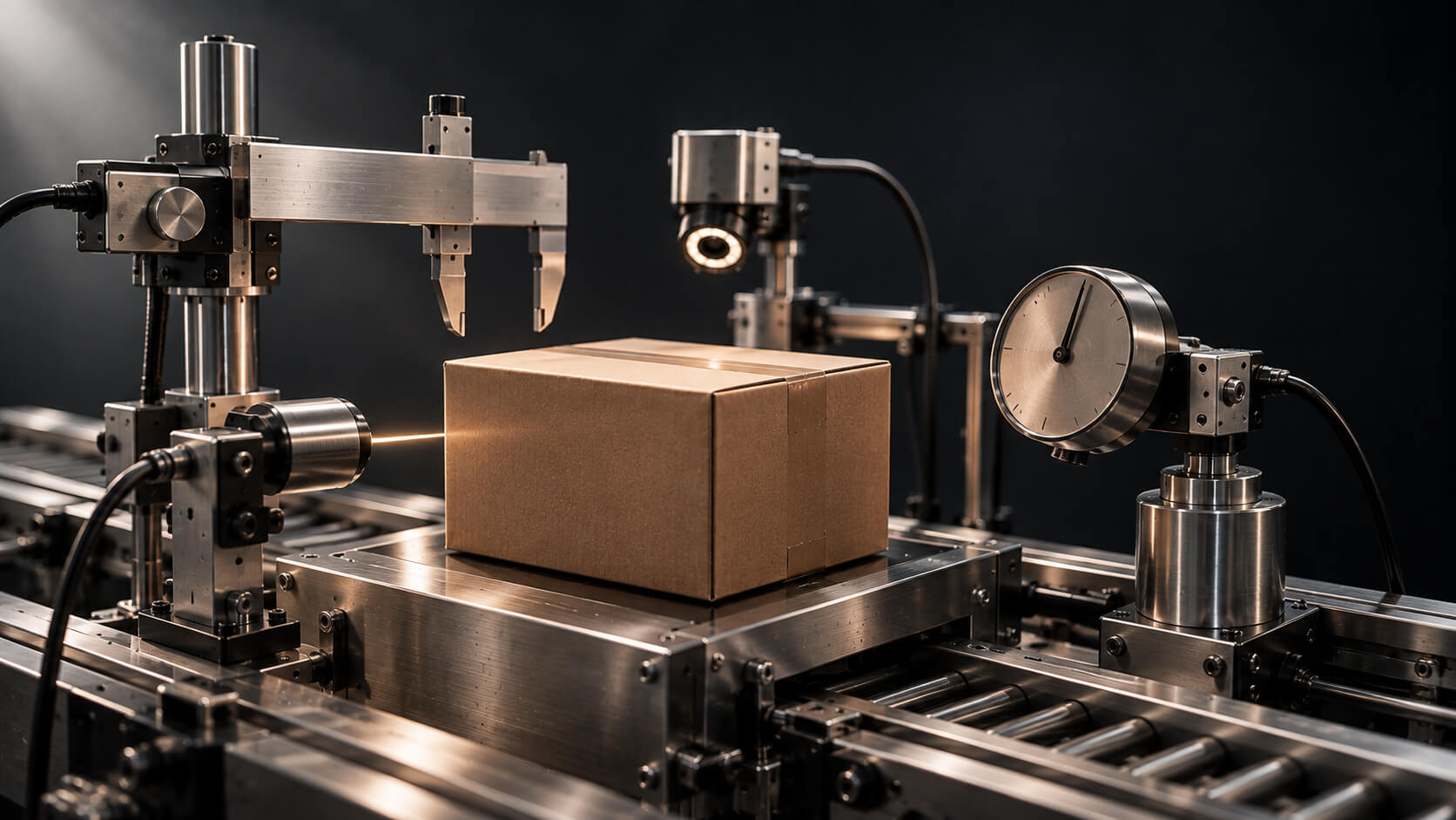 One kraft carton inspected by four differently calibrated mechanical instruments — Meta, Google, Shopify and GA4 revenue differences concept